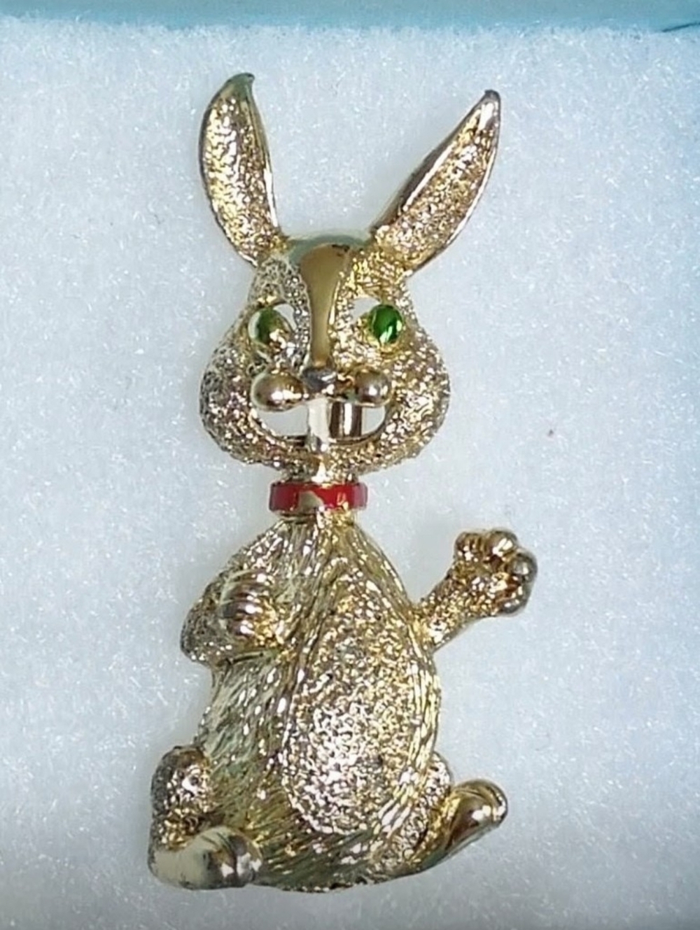Gold Bunny Rabbit Gerry's Vintage Brooch Green Eyes & Red Scarf